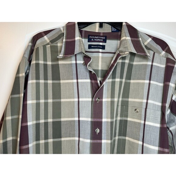 Roundtree & Yorke Shirt Men Size XL Dress Plaid Non Iron Collar Button Down Brow - Picture 2 of 9